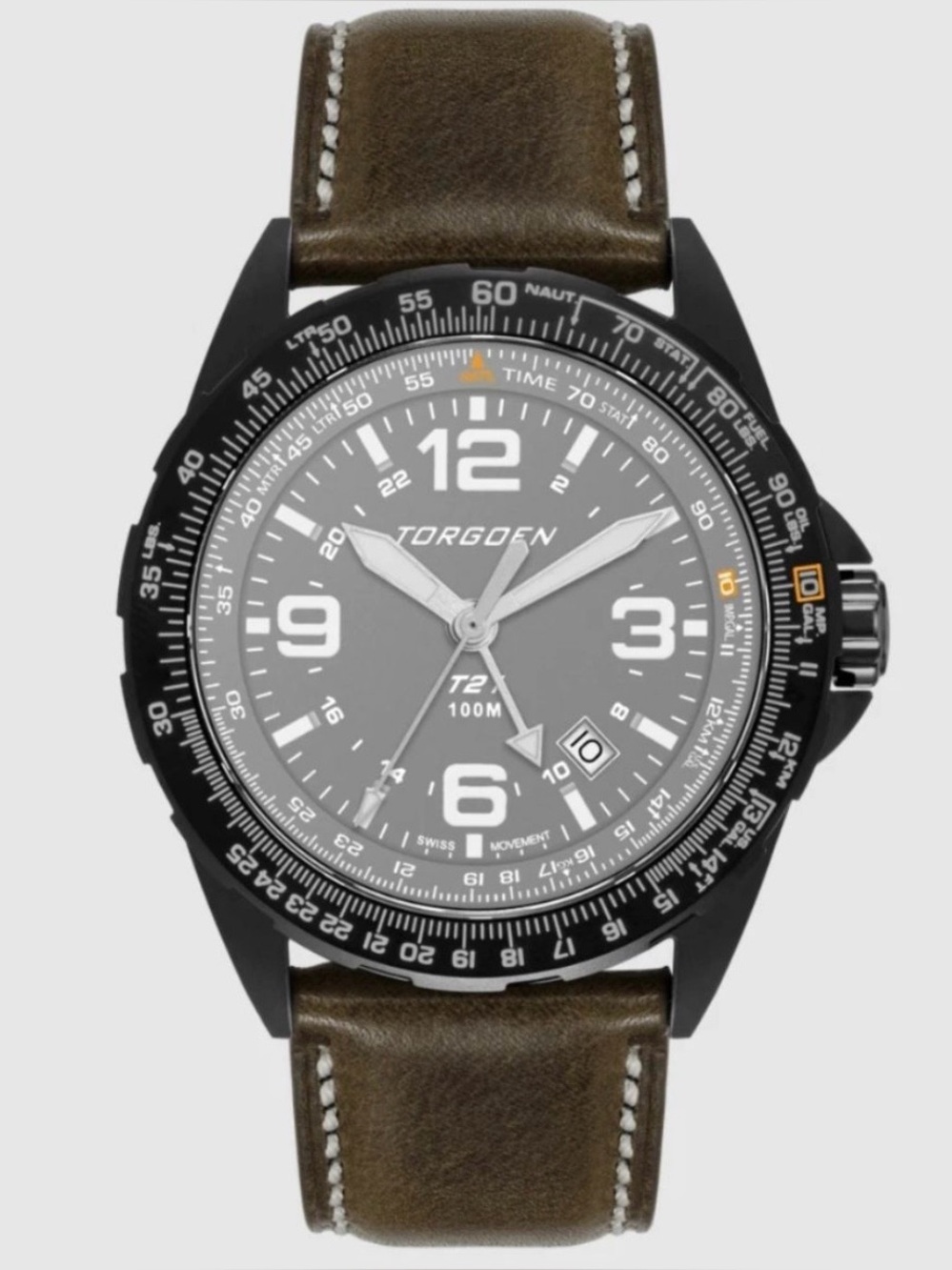 Torgoen T21 Grey Sapphire 44mm Vintage Leather Strap Watch NIB MSRP $295
